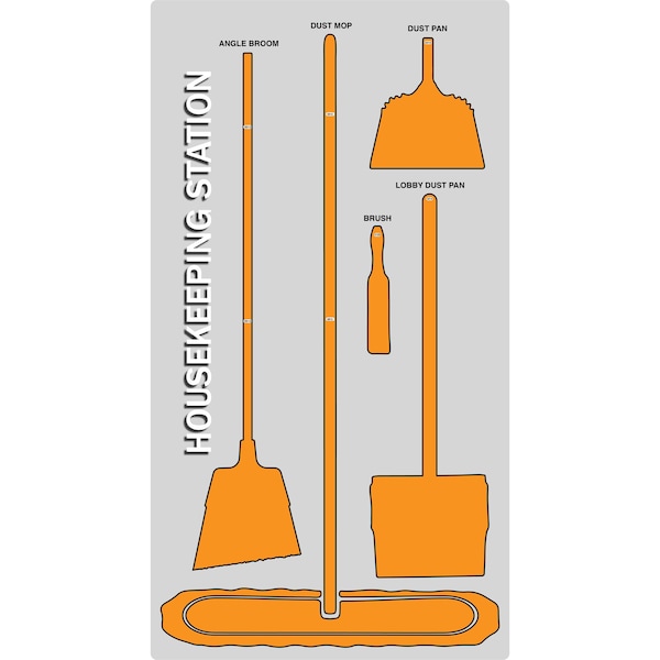 5S Housekeeping Shadow Board Broom Station Version 4 - Gray Board / Orange Shadows  With Broom